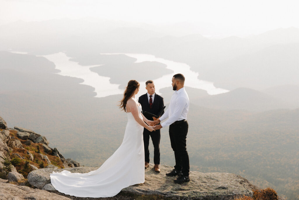 adk elopement photographer shooting an elopement on whiteface mountain at sunset 
