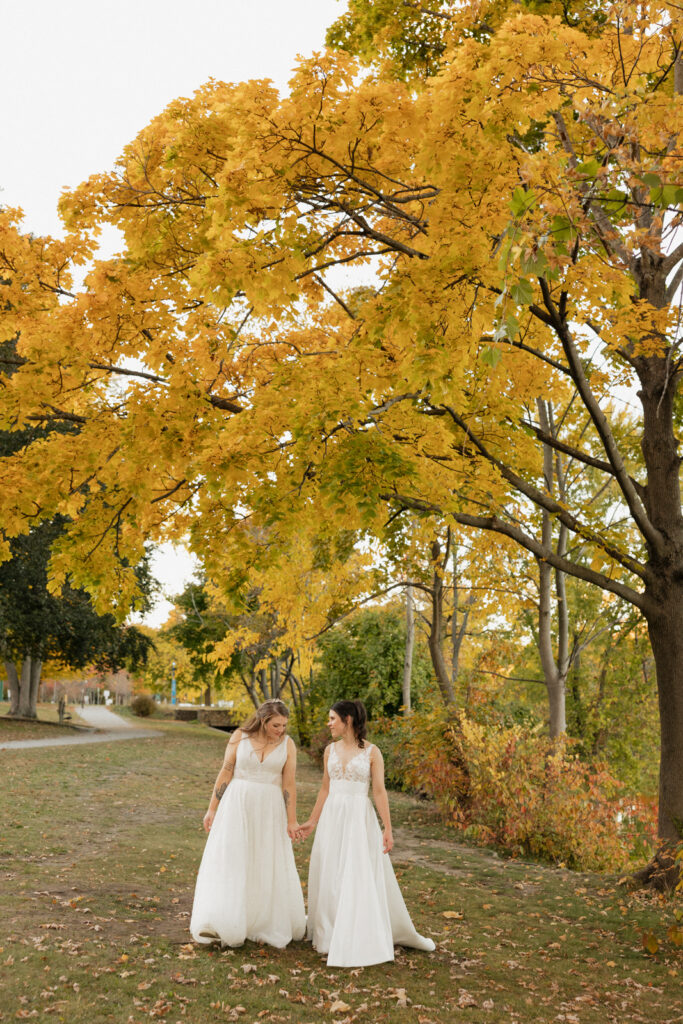 two brides wedding portraits in fall in New England